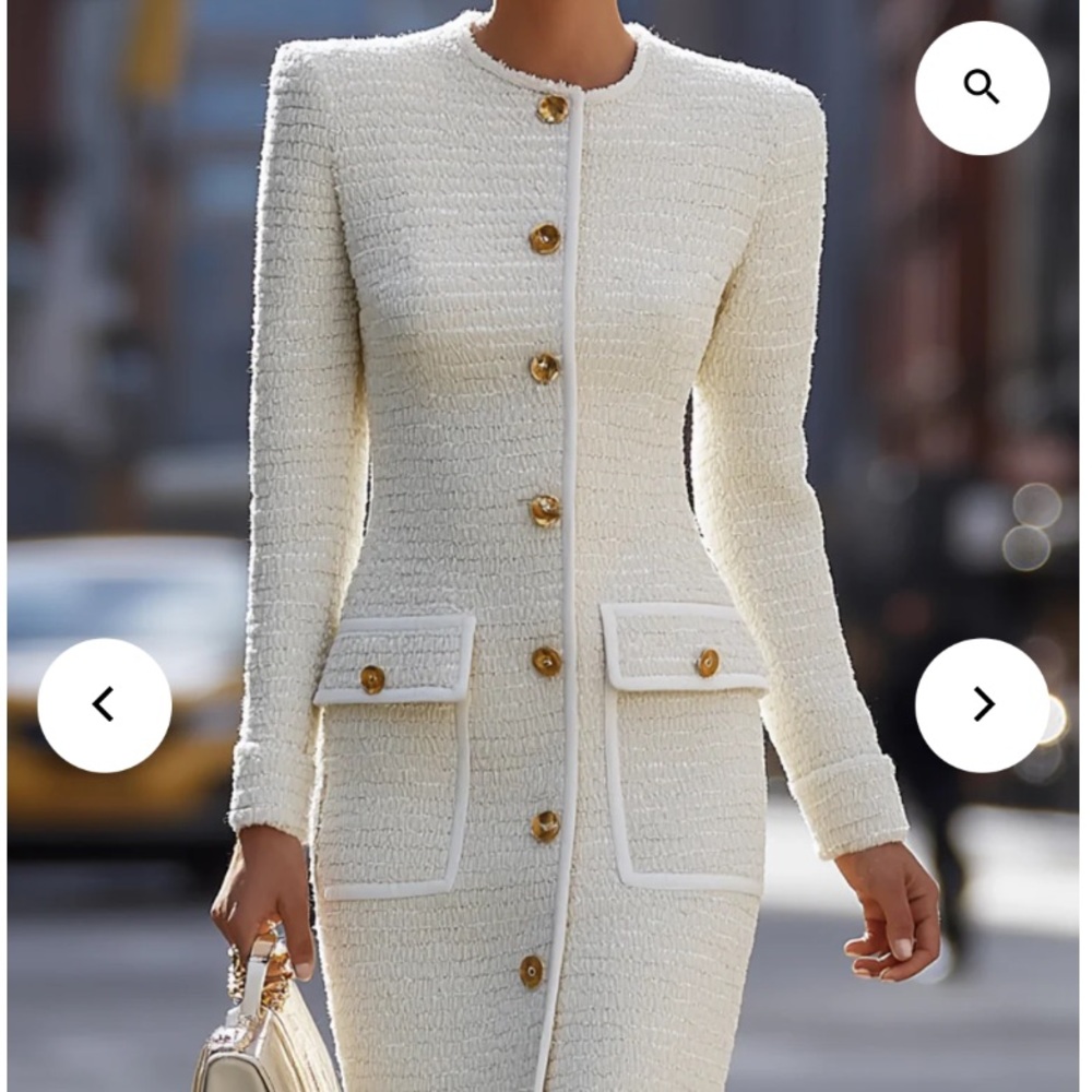 Mooyius Ivory Tweed Button-Down Midi Dress With Patch Pockets